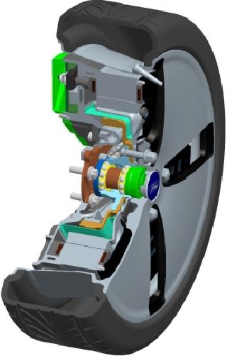 Opbouw van een wiel met E-Wheel Drive van de derde generatie met de vermogenselektronica, de vloeistofgekoelde stator, de rotor, het wiellager, de wrijvingsrem, de controller en de behuizing