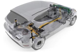 Ford Fiesta E-Wheel Drive met vooraan de luchtgekoelde lithium-ionaccu en achteraan de 12 V-accu,de voedingseenheid, de twee E-Wheel Drives op de achteras en de rapid prototyping controller